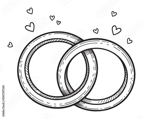 Two Interlocked Wedding Rings Surrounded by Hearts, Hand-Drawn Outline Illustration