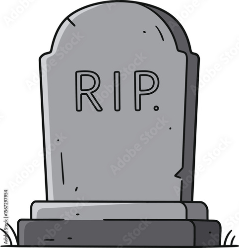 A simple cartoon drawing of a grey tombstone with "RIP" inscribed, set against a white background with minimal grass tufts at the base.