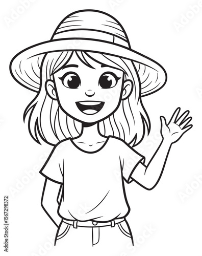 Cheerful Cartoon Girl Waving with a Sun Hat, in Black and White Line Art