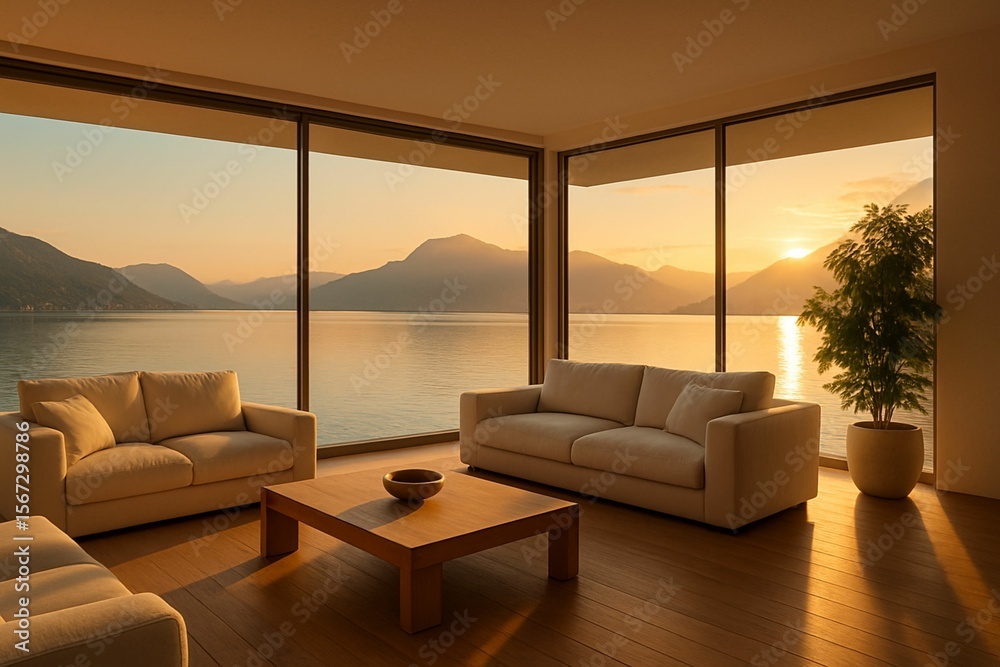 Fototapeta premium Modern Luxury Living Room with Panoramic Sunset Lake View