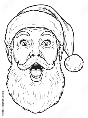 Shocked Santa Claus Head in Black and White Line Art