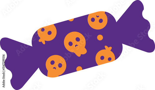 A purple Halloween candy wrapper features cute orange skulls.
