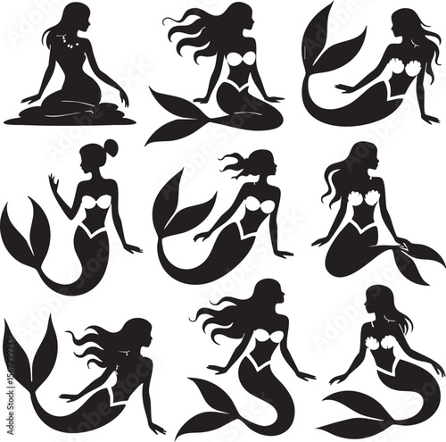 Collection of nine black silhouette mermaid figures in various poses on a white background