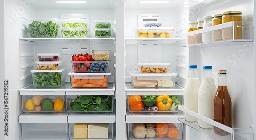 Well-organized refrigerator interior with various food items.