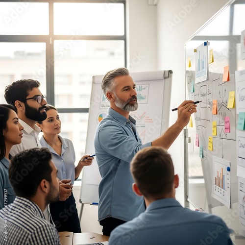 Business team collaborating on a strategy presentation using whiteboard in modern office
