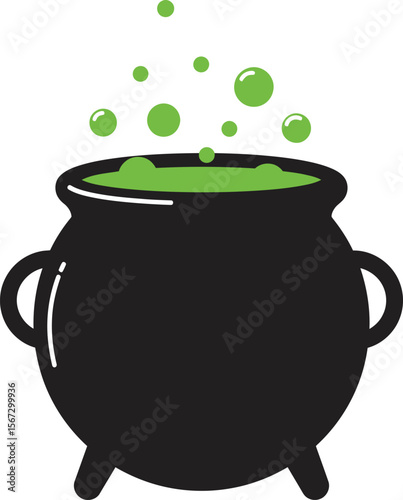 A black cauldron bubbling with green potion, releasing green bubbles upwards.