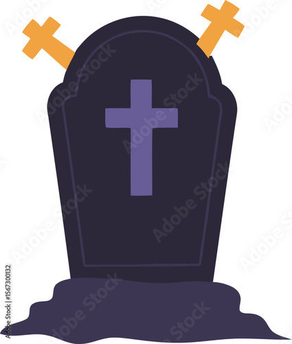 A cartoon gravestone with a cross and two small crosses atop.