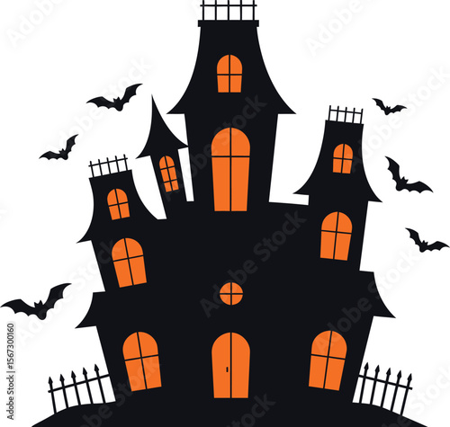 Silhouette of a spooky haunted house with bats flying around it.
