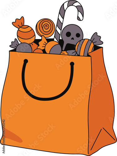 A vibrant orange Halloween bag overflowing with various candies and treats.