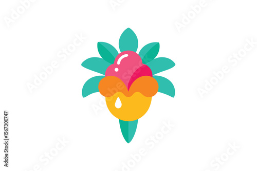 Stylized Flat Vector Illustration of a Tropical Fruit With Leaves, Orange Pulp, and Pink Filling on a White Background