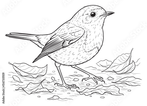 Detailed Line Art Illustration of a Robin Amidst Fallen Leaves