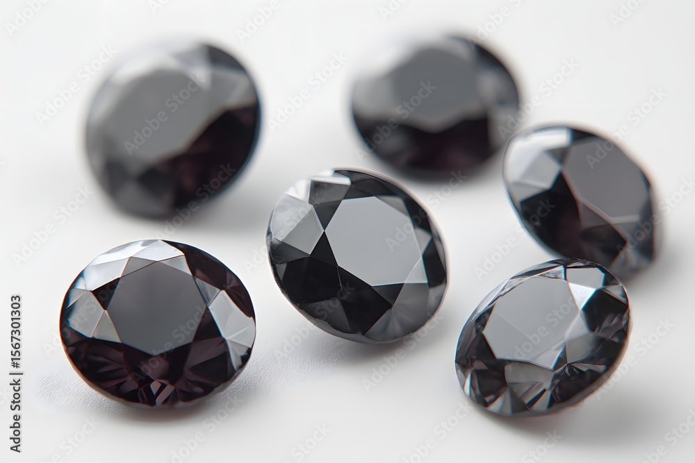 Fototapeta premium A collection of six stunning black diamonds, each facet reflecting light beautifully