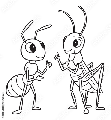 Cartoon Ant and Grasshopper in Conversation, Black and White Outline
