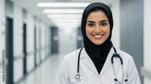 Young Female Doctor Wearing Hijab Smiling Confidently in Hospital Corridor