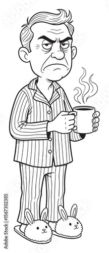 Cartoon of a Cranky Man in Pajamas Holding a Mug of Coffee