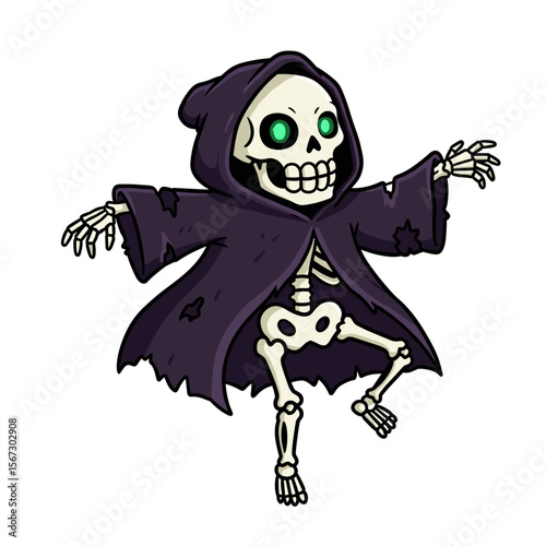 Cartoon skeleton with glowing green eyes in a torn purple hooded robe, jumping playfully with arms and legs stretched on a light-colored background.