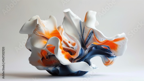 
Abstract 3D Fluid Sculpture in White Orange and Blue