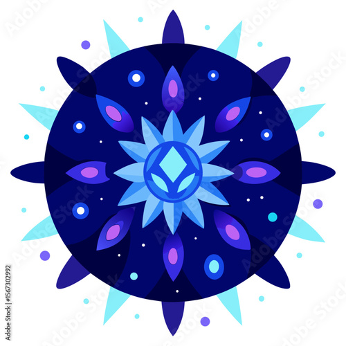 A cosmic mandala with glowing blue crystalline patterns, drifting in a star-speckled, celestial void.