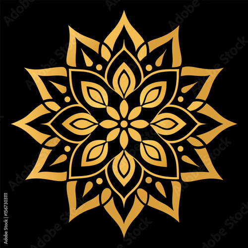 A richly detailed gold mandala with layered petals, set on a deep black canvas to represent elegance and harmony.