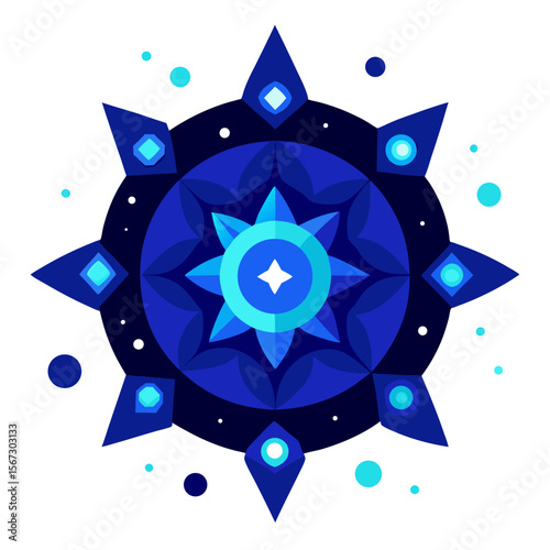 A cosmic mandala with glowing blue crystalline patterns, drifting in a star-speckled, celestial void.
