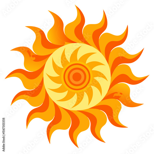A blazing mandala with swirling hues of orange and yellow, resembling a fiery solar blossom.