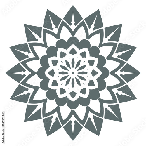 An elaborate mandala with petal-like radial forms and flowing bold lines, rich in ornamental detail.