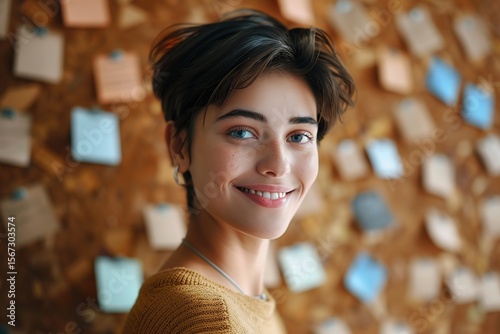 Portrait of a smiling young woman with short hair looking at camera, Ai Generated