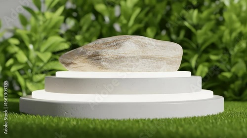 Minimalist Product Display on Illuminated Steps, Nature Background