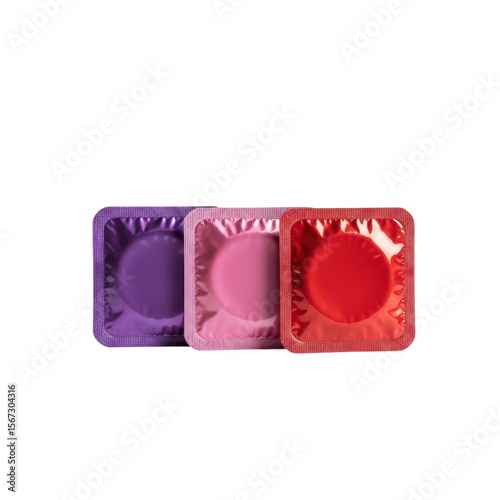 Three individually wrapped condoms in purple, pink, and red foils. Represents safe sex, contraception, and sexual health.