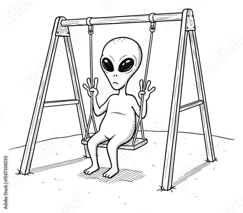 Alien on a Swing Set, Black and White Line Art