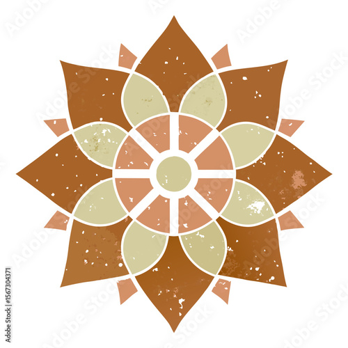 3. An ancient, worn mandala design with earthy tones and faded geometric patterns, giving a rustic, vintage appearance.