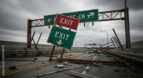 Devastation On A Highway Caused By A Natural Disaster Roadway Damaged And Collapsed Signs