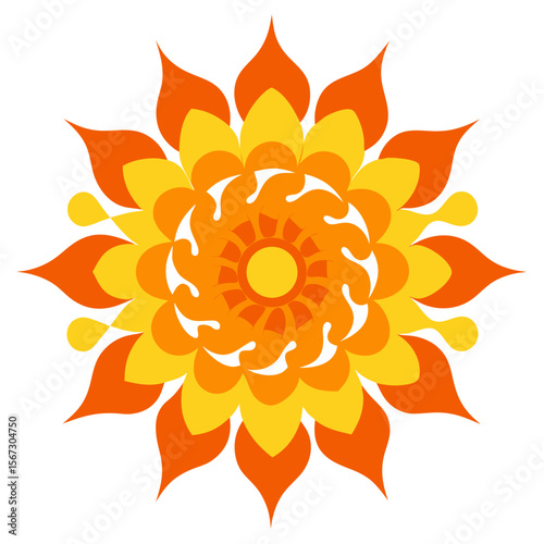 5. A radiant, fiery mandala with swirling, vibrant orange and yellow patterns, resembling a solar bloom of light and warmth.
