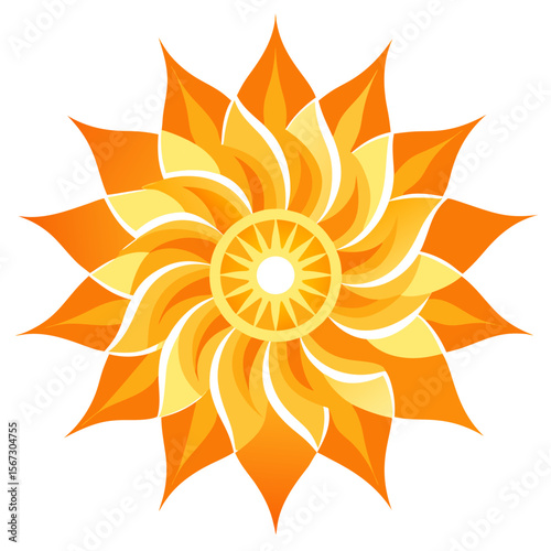 6. A mandala formed of sun-like patterns, emitting a glowing, radiant aura with swirling petal shapes and luminous intensity.