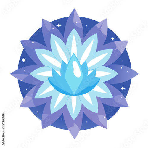 - A luminous, ethereal mandala with icy, translucent petals, appearing as a celestial bloom in a deep space setting.