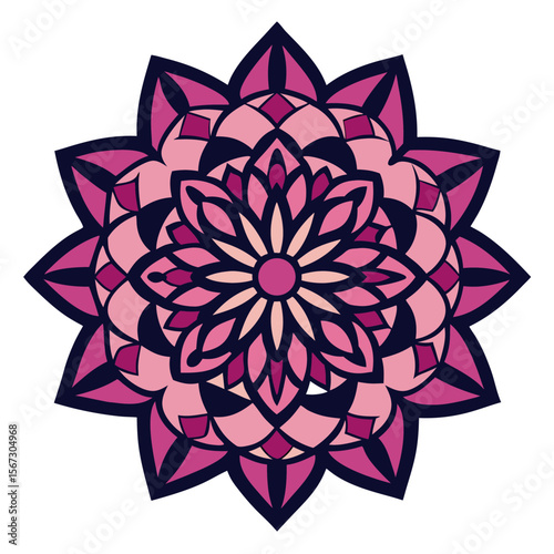 - A densely patterned mandala with interconnected floral motifs and dark outlines, creating a visually captivating, intricate design.