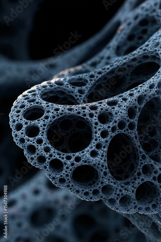 Fractal foam of intricate microcells with photorealistic texture showing detailed porous structure and depth in dark blue tones, creating abstract and complex visual effect