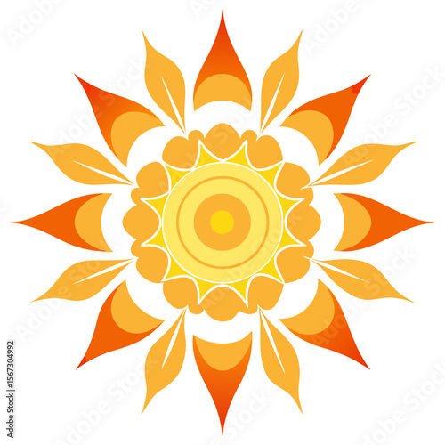 - A mandala formed of sun-like patterns, emitting a glowing, radiant aura with swirling petal shapes and luminous intensity.