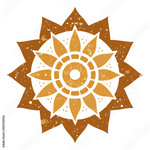 - An ancient, worn mandala design with earthy tones and faded geometric patterns, giving a rustic, vintage appearance.