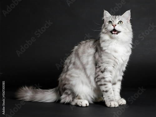 Real photo shoot, full-body portrait of a silver long-haired cat sitting on a black background, mouth open and meowing, white paws visible