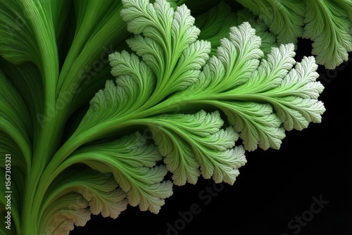 Fractal green leaf pattern with organic branching shapes and detailed texture, creating natural and intricate design with vibrant shades of green and dark background