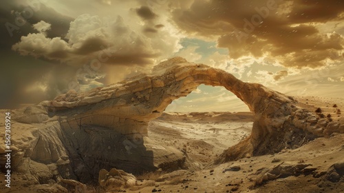 
Tan Sandstone Arch in Desert Landscape Under a Dramatic Sky