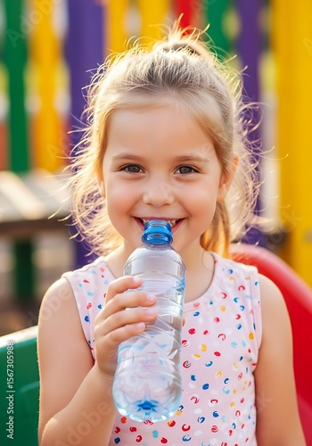 Happy girl drinking water outdoors child bottle