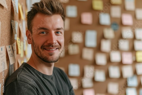 Portrait of a young man in a cafe with stickers on wall, Ai Generate