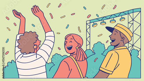 Excited concert attendees enjoying the music and confetti at an outdoor festival