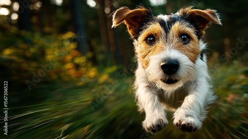 Jack Russel terrier running through dappled sunlight, embodying joyful energy in nature.
