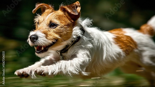 Jack Russel terrier running through dappled sunlight, embodying joyful energy in nature.
