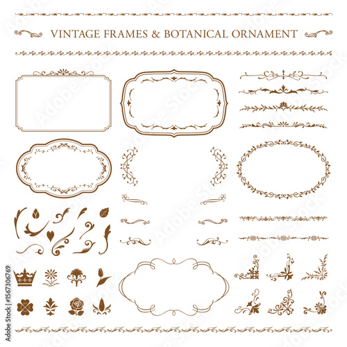 vintage frames & botanical ornament set sepia／サンプルテキスト・背景無しで使いやすいセピアのビンテージボタニカルフレーム セット