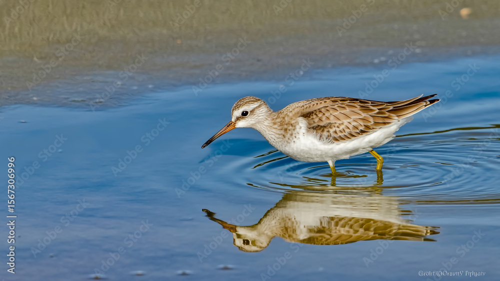 A close-up photograph of a sandpiper bird wading in shallow water, captured in sharp detail. A close-up photograph of a sandpiper bird wading in shallow water, captured in sharp detail.