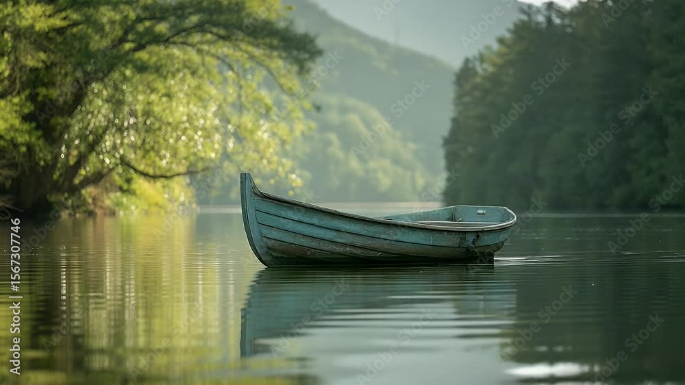 Serene river scene small boat on calm water lush greenery Serene river scene small boat on calm water lush greenery